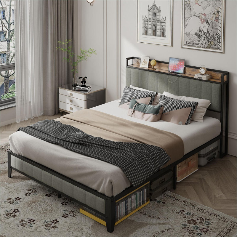 Upholstered Metal Platform Bed for Bedroom, Full Size Soft Gray with Charging Station and Under-Bed Clearance
