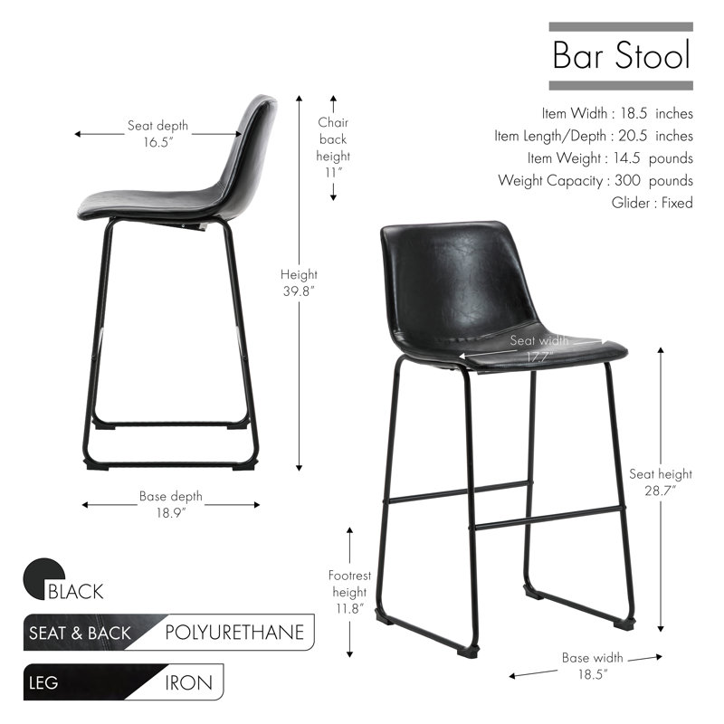 Tabouret Kaylee, Noir, Tabouret de bar (siège d'une hauteur de 28,7 po)