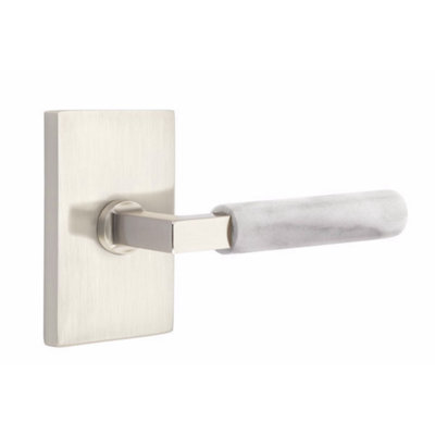 Ensemble de leviers d'intimité Emtek Select, rosette rectangulaire moderne, tige carrée en L, poignée en marbre blanc, gauche