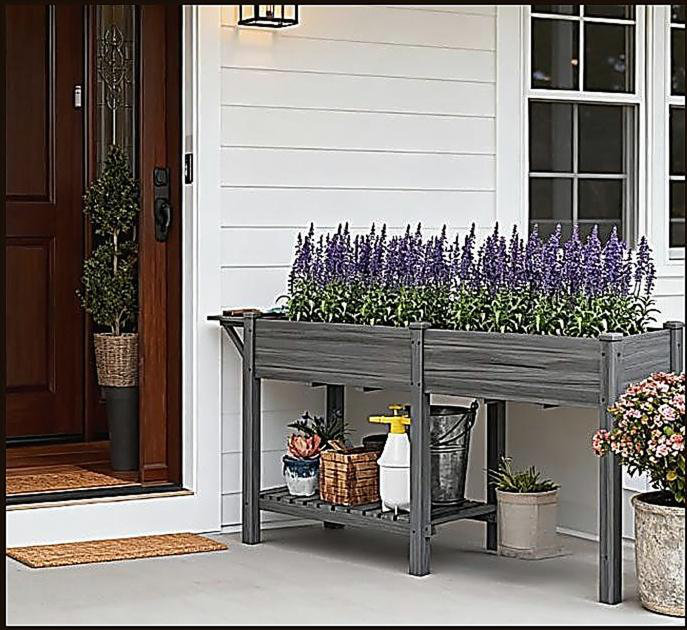 Lit de jardin surélevé spacieux, boîte de jardin surélevée en bois, avec table d'appoint, tablette inférieure, doublures de lit et trous de drainage