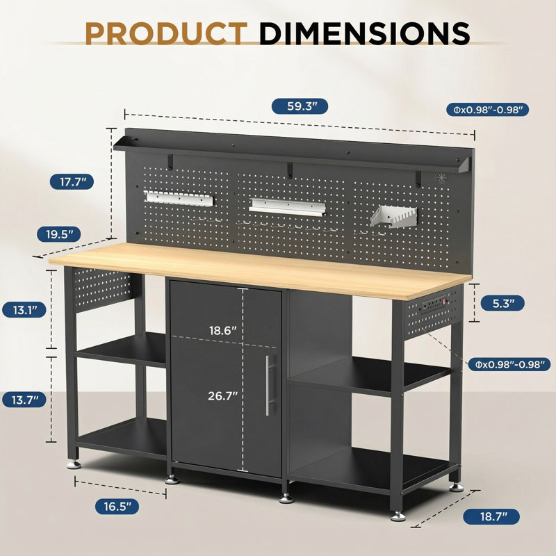 60 Inch Heavy Duty Workbench with Storage Cabinet, Solid Wood Top, 2000 lbs Capacity, Garage Work Table with Pegboard, Power Outlet, Wheels or Leveling Feet