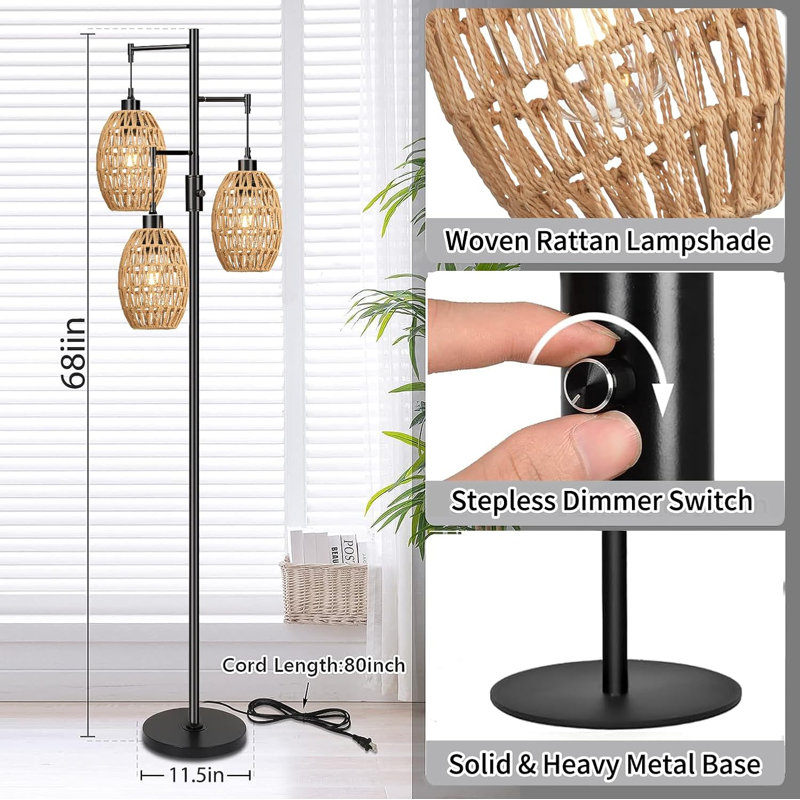 Lampe sur pied à 3 lumières à intensité variable avec abat-jour en rotin, conception d'arbre noir rustique, lampe sur pied moderne pour le salon, la chambre à coucher ou le coin, cordon de 89 pouces, comprend des ampoules à filament rétro