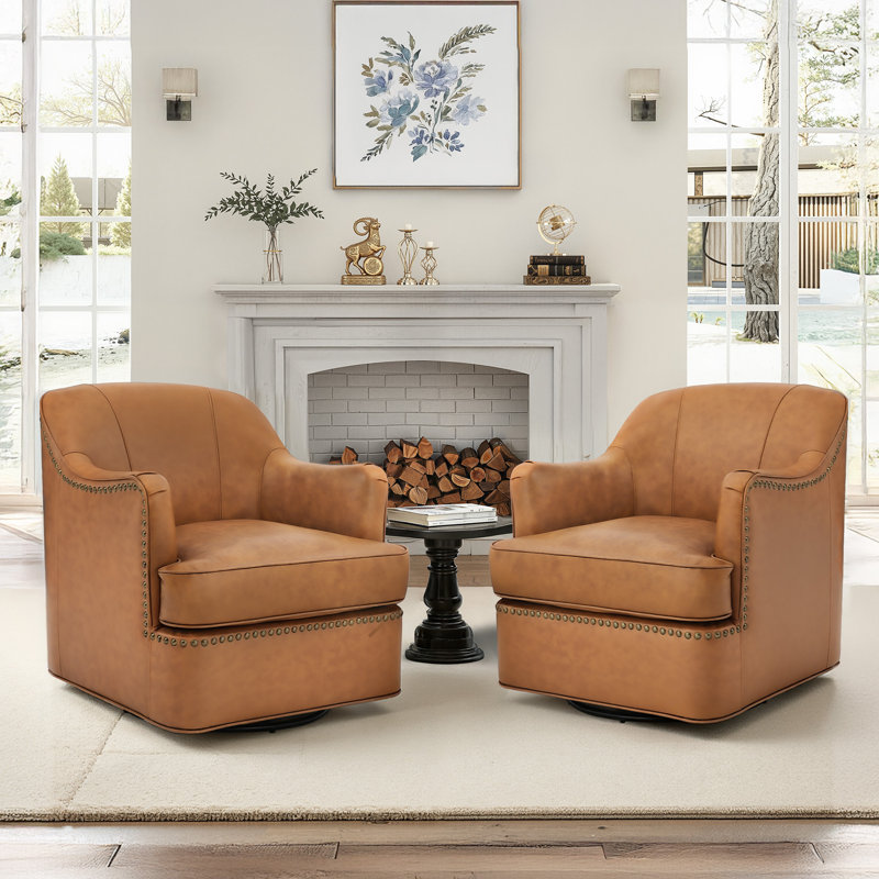 Fauteuil demi-tonneau pivotant en cuir véritable Fazio, Brun whisky