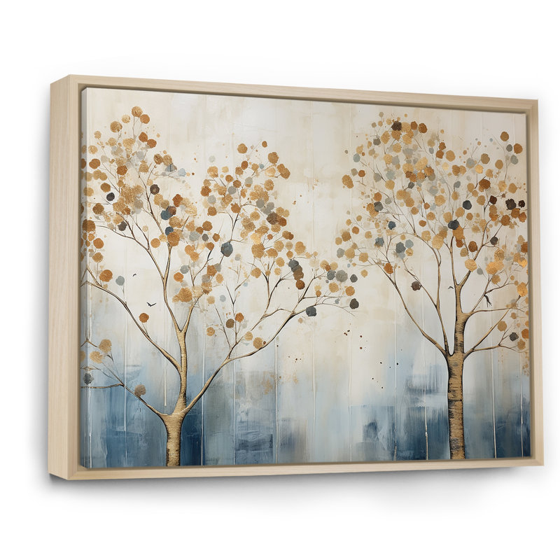 Harmonie des arbres dorés et bleus II sur toile, Cadre naturel flottant, H 16 po x l 32 po x P 1 po