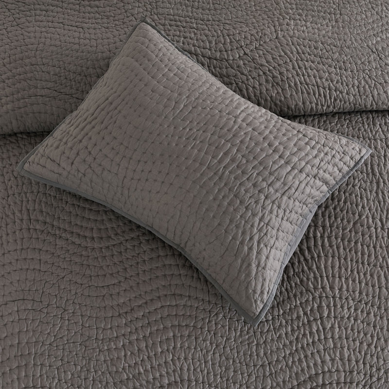 Cotton Wave Hand Stitch Voile Quilt Set, King Quilt + 2 King Shams, Gray