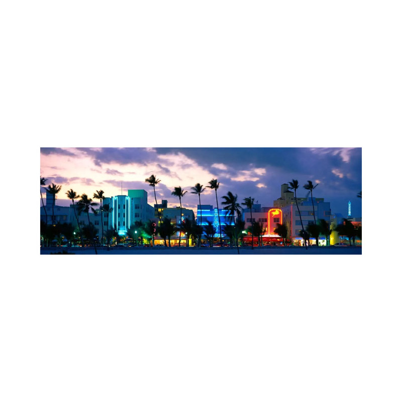 Buildings Lit Up At Dusk, Ocean Drive, Miami Beach, Florida, USA - Wrapped Canvas Panoramic Print
