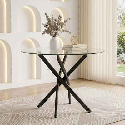 Lakeicha Round 36'' Glass Top Metal Base Dining Table