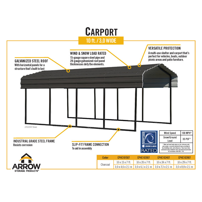 Charcoal Galvanized Steel Carport with Black Frame, 10 ft. x 29 ft. x 7 ft.