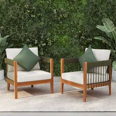 [Ensemble de 2] Fauteuil club d'extérieur en bois d'acacia avec détails en corde tissée à la main et dossier incurvé - Chaise longue de patio résistante à l'eau avec coussins amovibles pour le porche, le jardin