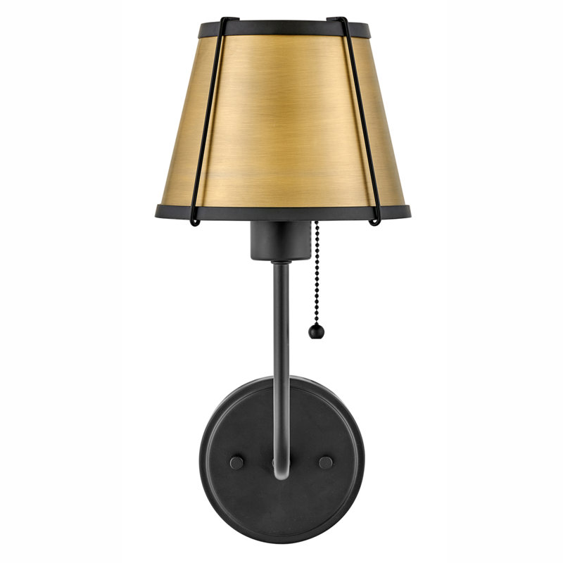 Clarke One Light Medium Wall Sconce with On/Off Pull Chain, Black with Lacquered Dark Brass Accents
