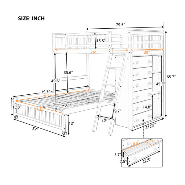 Harriet Bee Wooden Twin Over Full Bunk Bed With Six Drawers And ...