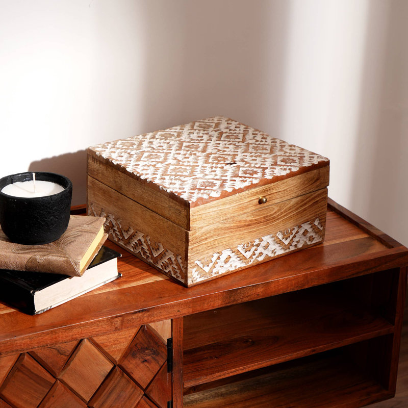 Boîte décorative | Boîte de rangement en bois sculpté à la main | 10 x 10 x 3,5 po, H 3,5 po x l 10 po x P 10 po