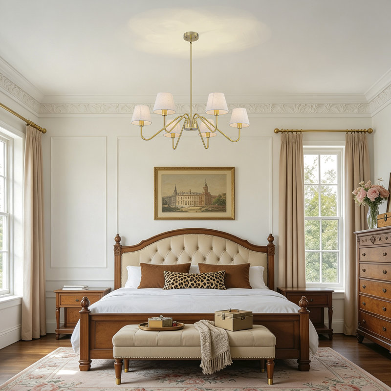Lustre traditionnel en lin 6 lumières avec abat-jour en tissu blanc, Doré