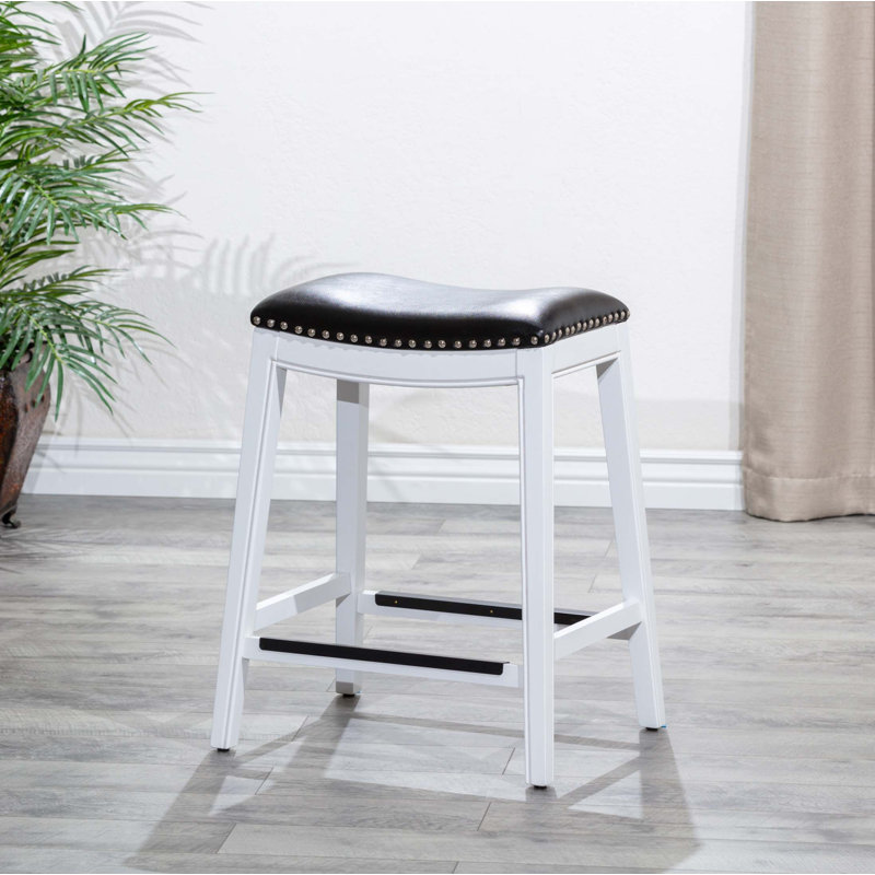 Tabouret de comptoir 24 po, finition blanche, siège en cuir noir