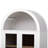 Modern Arched Kitchen Pantry With Glass Doors, Long Stylish Bass Handles, And Adjustable Shelves For A Functional Setup Elegant Top Cabinet 2 Drawers, Metal Hinges Timeless Inviting Storage Solution