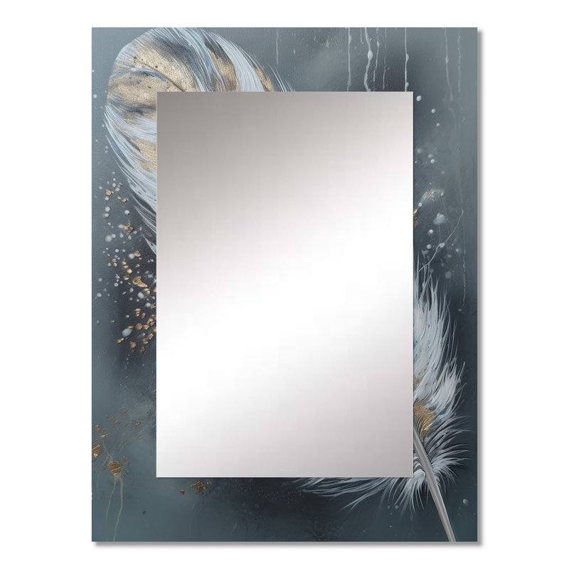 Gold Feather Wanderlust II - Glam Feather Decorative Mirror, Gold Wall Mirror, Printed Metal Art, 32" x 24"