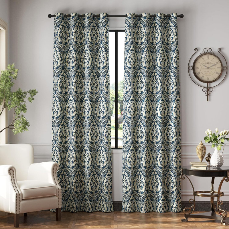 Rideaux occultant à motif damas à œillets pour le salon, Bleu, L 52 po x L 84 po