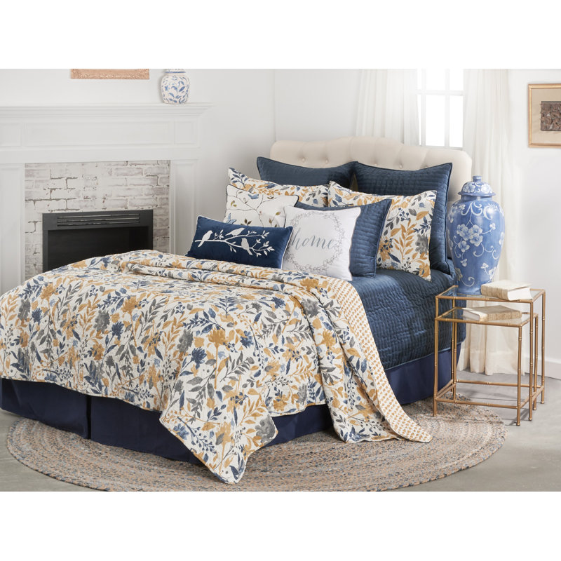 Natural Home Blue/Yellow/Gray/White Cotton Reversible Quilt Set, Full/Queen Quilt + 2 Shams