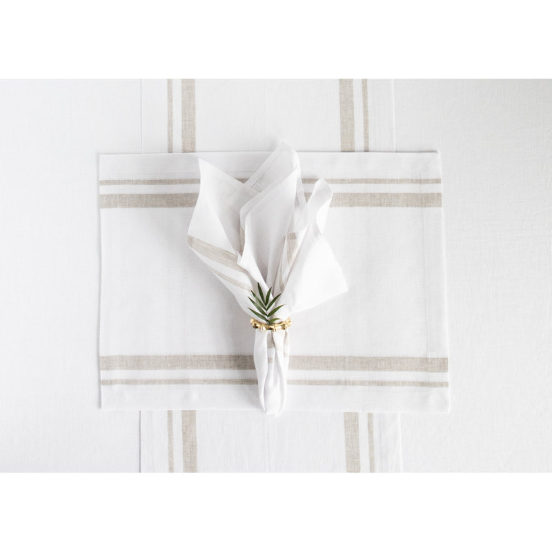 French Stripe - 100% Pure Linen Dinner Napkins, Natural and White