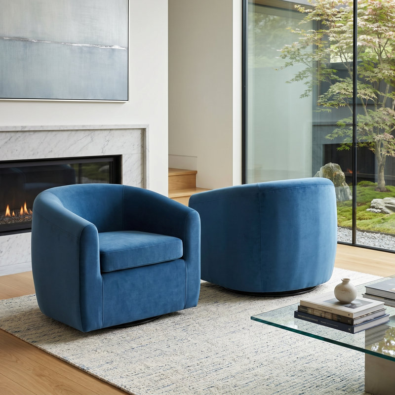 Richard  Upholstered Velvet Swivel Barrel Chair, Navy