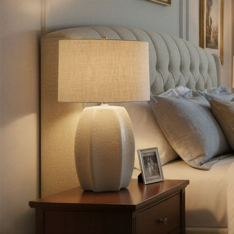 Isla Stoneware Table Lamp with Sculpted Edge, Ivory Glaze