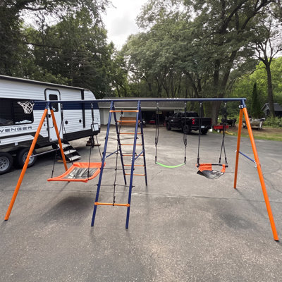 Delia 6 in 1 Kid Swing Set with 3 Adjustable Swings, Climbing Ladder and Net, Basketball Hoop