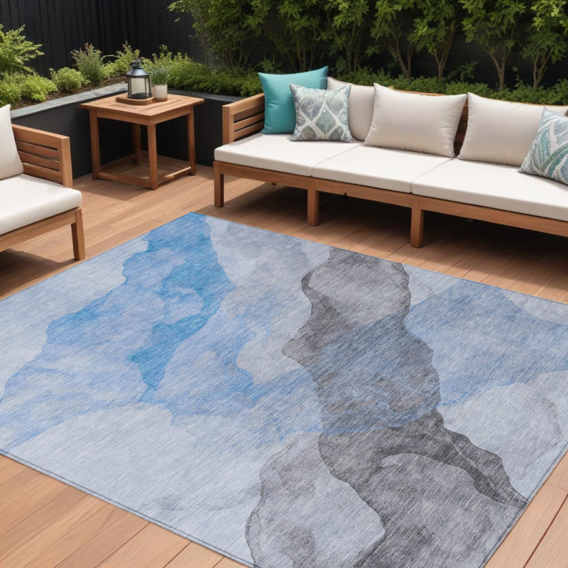Tapis extérieur lavable abstrait bleu ciel et gris 9 pi x 12 pi