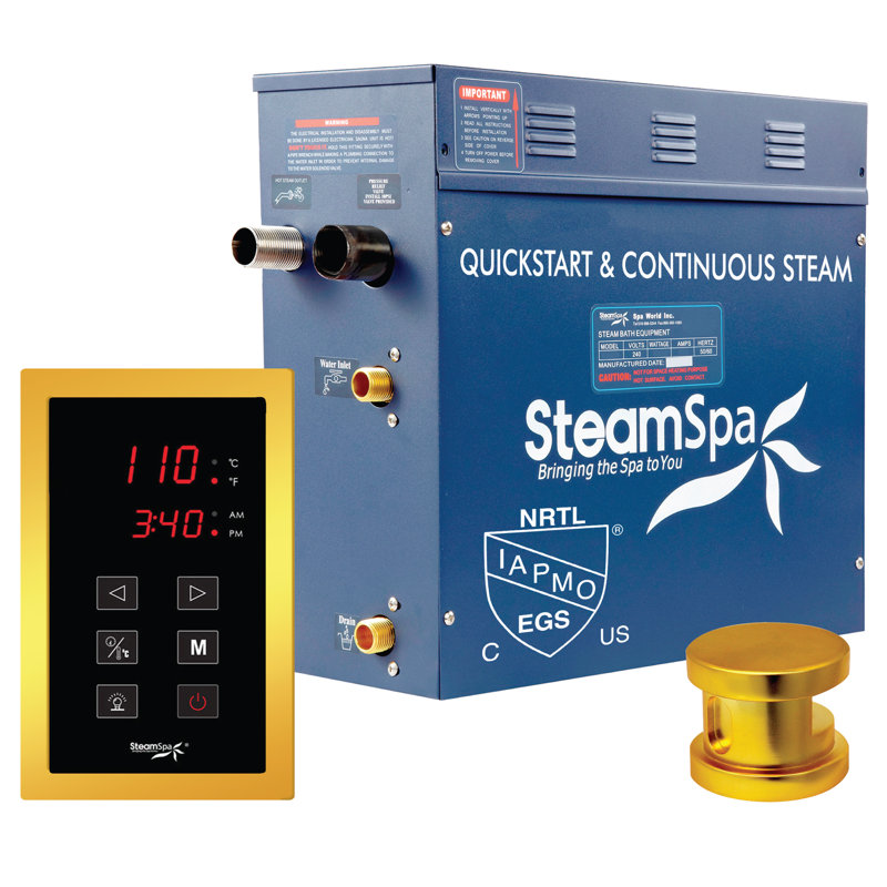 Ensemble de générateur de bain à vapeur en acier inoxydable 9 kW à démarrage rapide Steamspa Oasis Series au fini or brillant