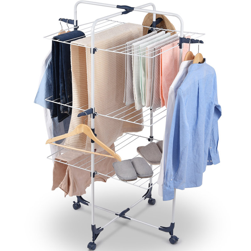 Clothes Drying Rack, 3-Tier Collapsible Laundry Rack Stand Garment Drying Station with Wheels and 4 Hooks, Indoor-Outdoor Use, Laundry Drying Rack
