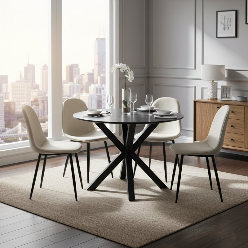 5-Piece Round Dining Table Set For 4, Modern MDF Wood Top With Metal Legs And Upholstered Beige Chairs, Stylish Dining Room Furniture