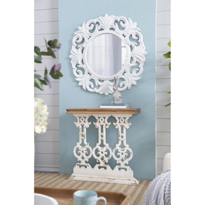 Console Classic Classic Vintage blanchie à la chaux avec plateau en bois brun et base complexe, pièce décorative 31,9 po x 11,8 po 32,3 po, blanc délavé