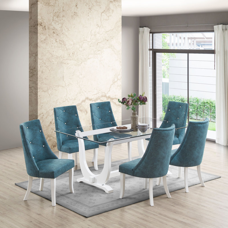 Ensemble de salle à manger Skyrah 7 pièces avec table en verre trempé et 6 chaises rembourrées capitonnées de cristal, Bleu