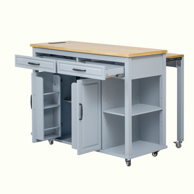 47 inch Kitchen Island with Extendable Dining Table, Rubber Wood Veneer Kitchen Table with Internal Storage Rack, Power Outlet, Kitchen island with St