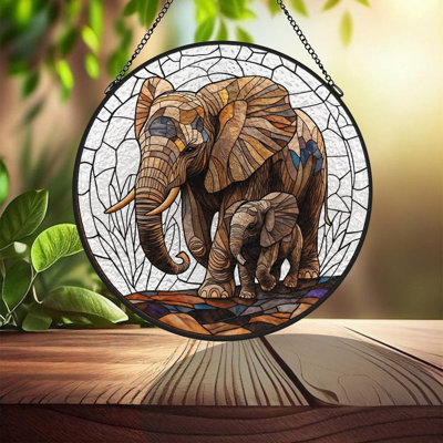 Mère et bébé éléphant vitrail pour fenêtre