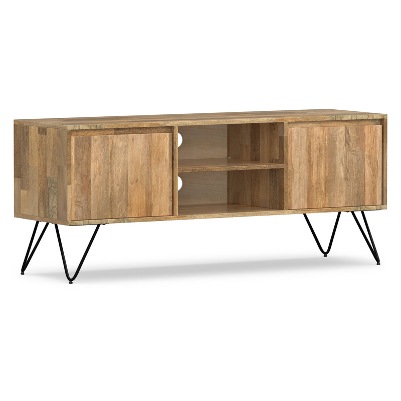 Hunter 60"W Solid Mango Wood Industrial TV Stand for TVs up to 65" with 2 Cabinets and Open Shelf, Natural