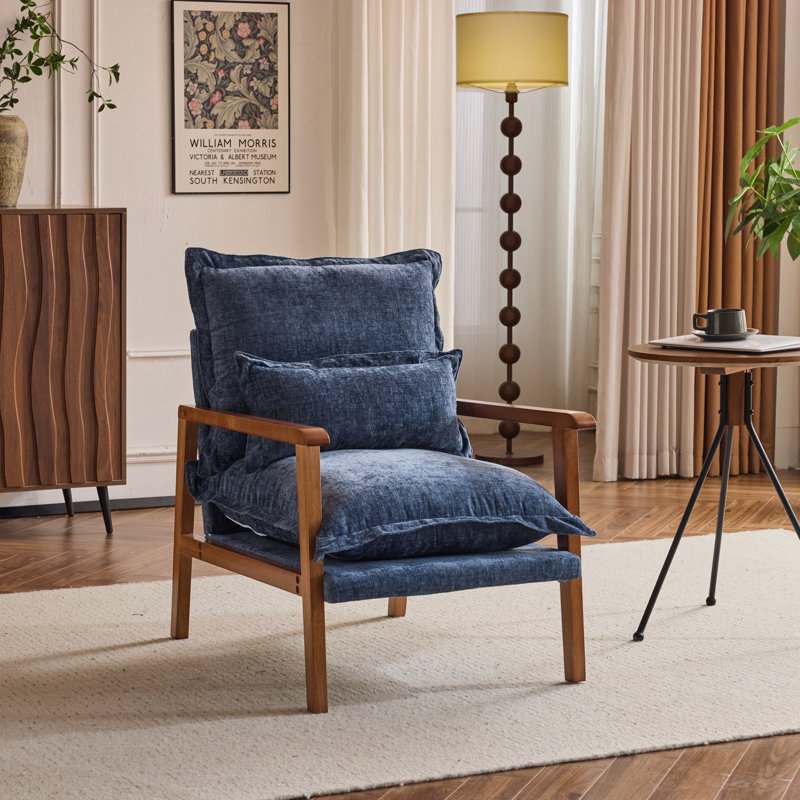 Masson Chenille Accent Chair Armchair With Pillow, Blue Chenille