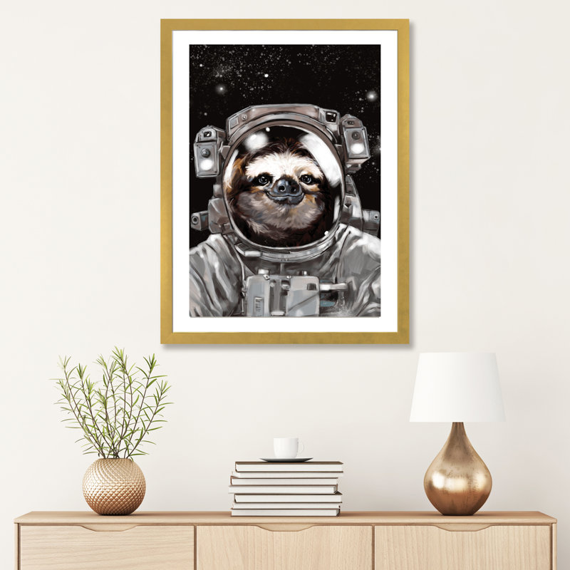 « astronaute sloth selfie », art, H 32 po x l 24 po x P 1 po, Papier encadré doré