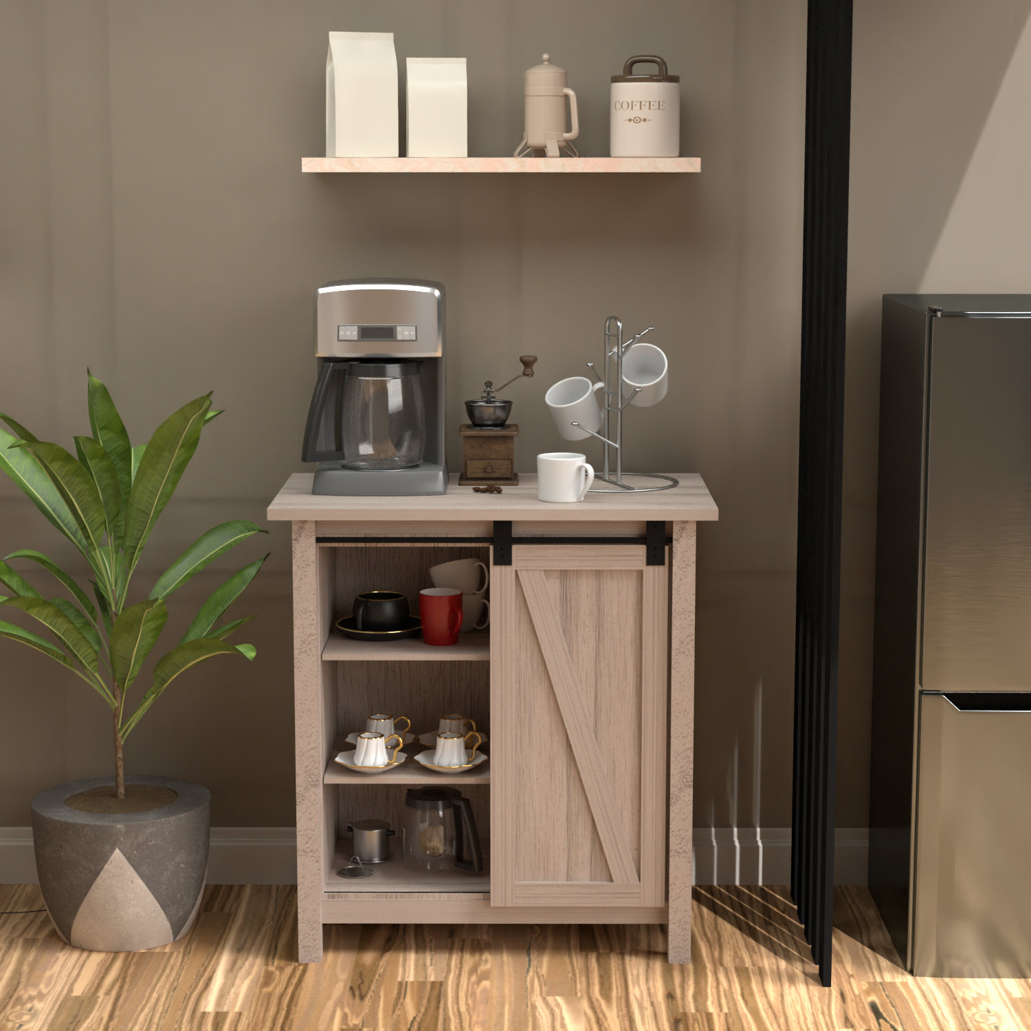 Mini Size Fridge Farmhouse Style With a Barn Door Slider Cabinet / Modern  Style Coffee Station / Mini Fridge Bar / Coffee Bar 