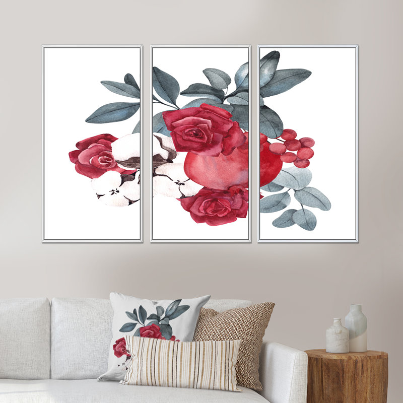 Bouquet de fleurs de Noël avec baies - reproduction de cadre flottant 3 pièces sur toile, H 28 po x l 36 po x P 1 po