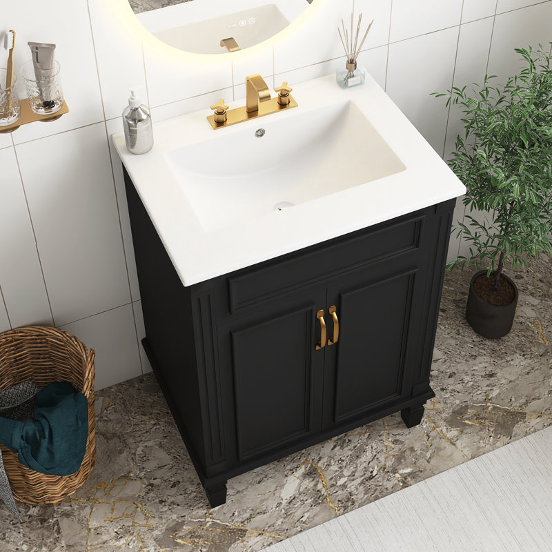 Meuble-lavabo de 24 po en MDF noir avec lavabo supérieur, armoire de rangement moderne avec 2 portes à fermeture douce et tablette réglable