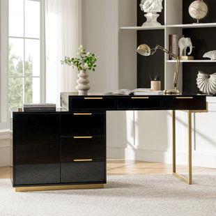 Rothi Glam 6-Drawer  L-Shaped Desk with Cable Management Power Outlets and Adjustable Shelf