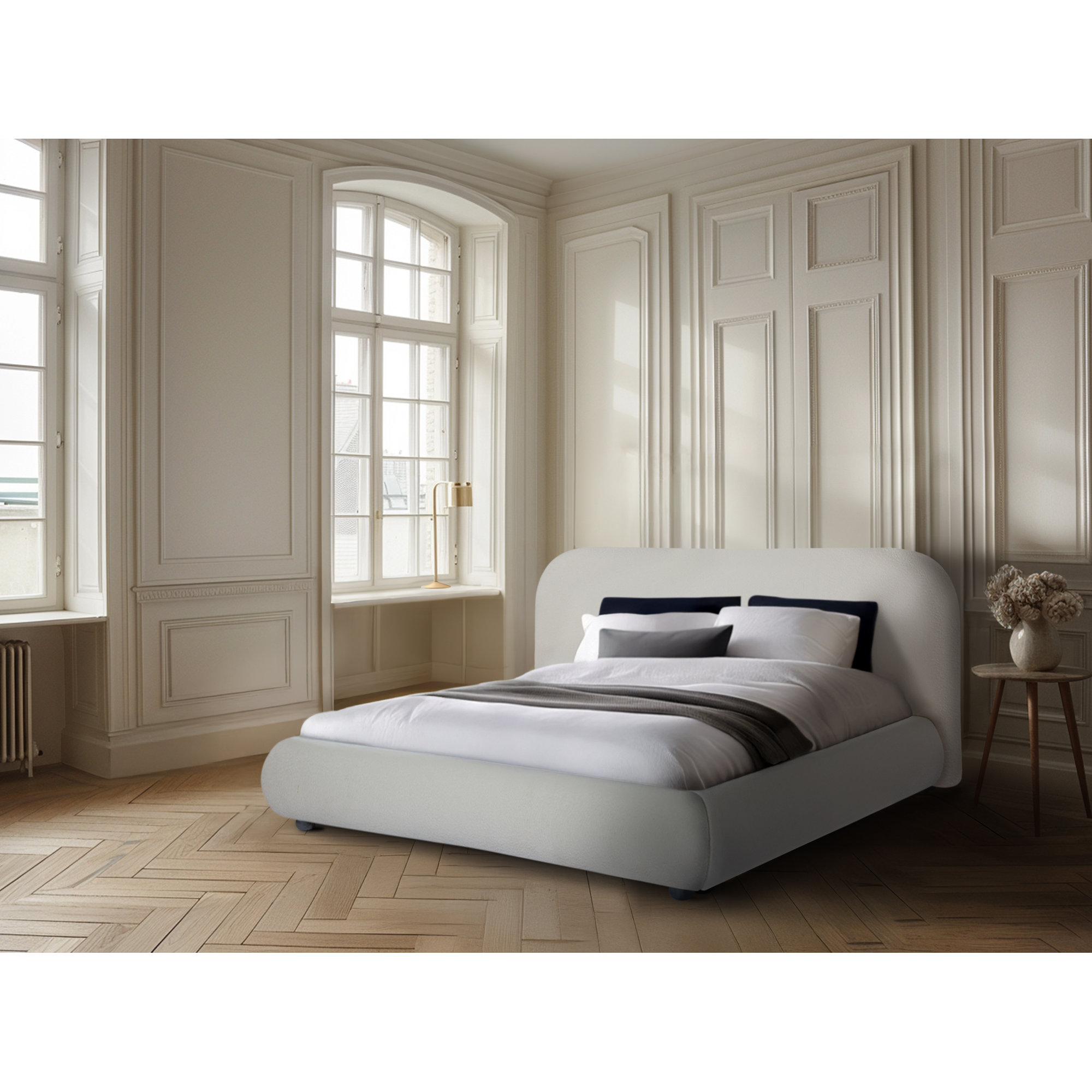Reggie Upholstered Platform Bed, King, Off White Performance Boucle