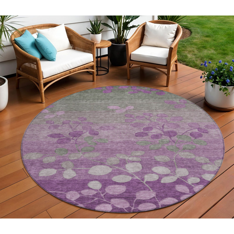 Tapis d'intérieur rond lavable floral mauve et gris 8 pi
