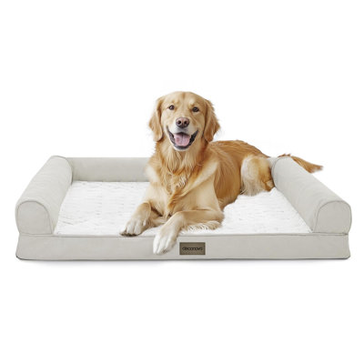 PV Velvet and Linen Removable Washable Cover Dog Bed with C-Shape Armrest, Anti-Slip Base with Non-Skid Dots