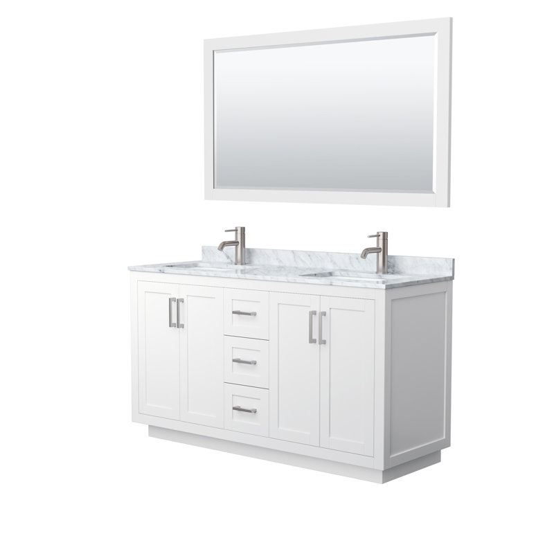 Miranda 60" Freestanding Double Bathroom Vanity with Marble Top with 58" Mirror, White, Brushed Nickel