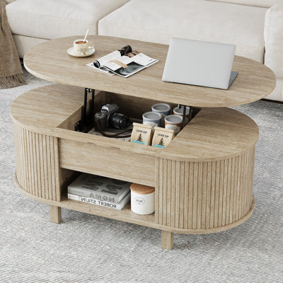 43.3'' W Oval Lift Top Coffee Table With Hidden Storage, Fluted Wood Center Table With Storage Compartment And Open Shelf