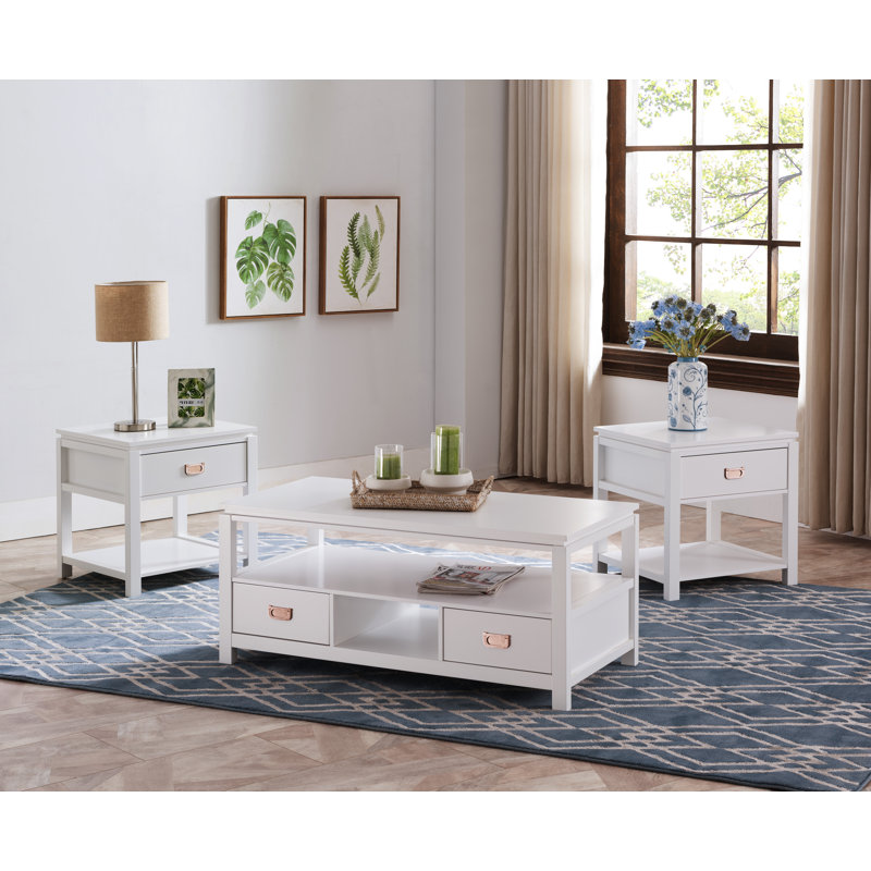 Ensemble de 3 tables d'appoint, tables basses et 2 tables de bout avec rangement en bois blanc Groce, Blanc