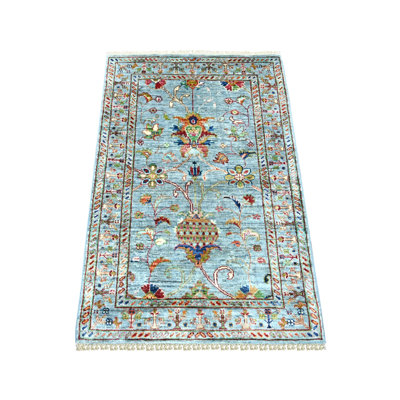 2 pi 8 po x 4 pi bleu clair, tissage dense, laine douce, noué à la main, colorants végétaux, sultan afghan avec motif de grenade, échantillon, tapis, tapis oriental