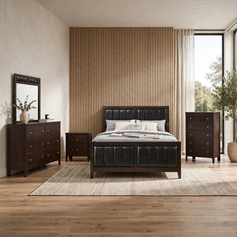Ensemble de chambre avec grand lit 5 pièces Con, revêtement en cuir noir, brun foncé, Grand lit