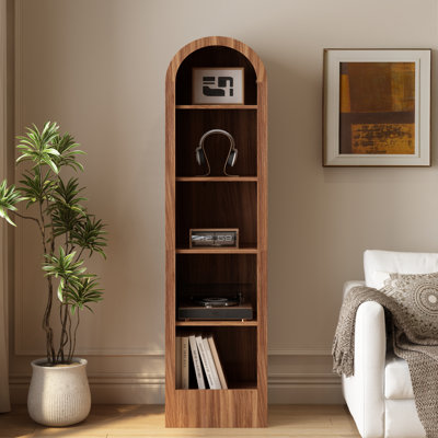 67"H Small Arched Bookcase, Mid-Century Modern 5-Tier Open Display Storage Shelf for Dining, Living & Bedroom, Walnut